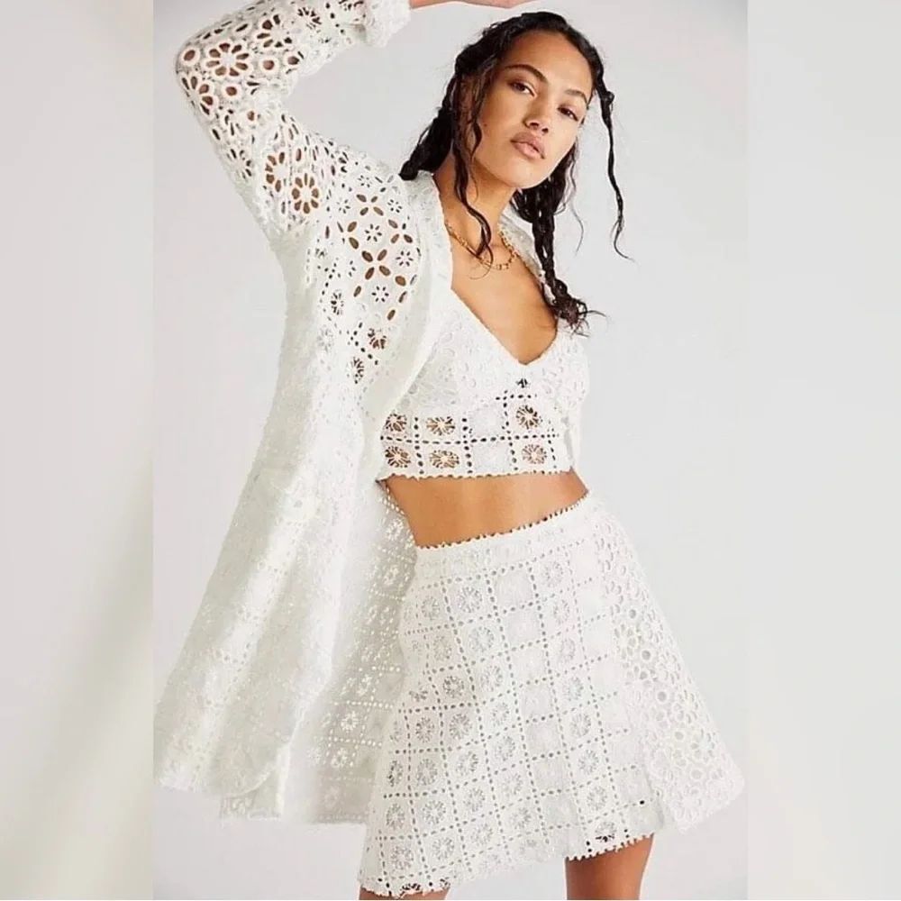 Free People FP One Yesenia White Crochet Suit 3 PC Skirt Jacket Bralette